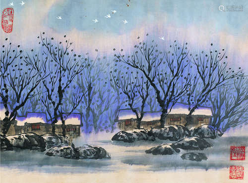 马学鹏 现代 雪景 水粉画 镜框