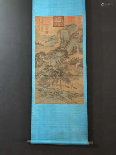 Chinese Yuan Dynasty Ni Zan'S Exquisite Scroll Of Landscape Painting On Silk