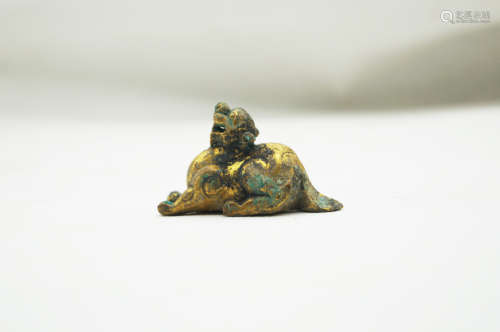 Chinese Rare Bronze Gold Gilded Small Lying Beast