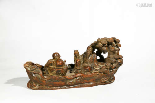 Chinese Rare Old Agalwood Exquisite Carved Old Man Rowing Boat
