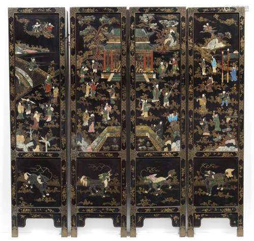 Chinese Art. A lacquered folding screen decorated …