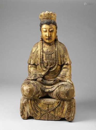 Chinese Art. A wood lacquered figure of seated Bud…