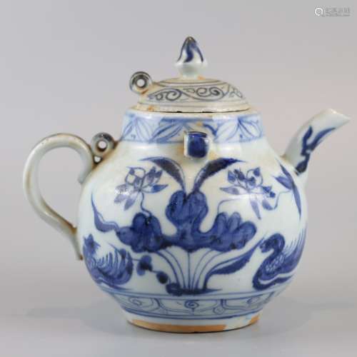 Teapot decorated with blue and white mandarin ducks playing in water