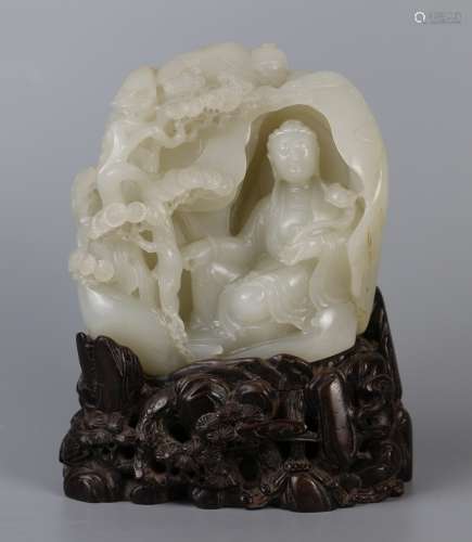 Hetian jade seed material white jade Guanyin statue Shanzi ornament