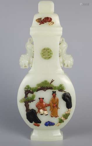 Hetian jade seed material white jade inlaid double ear bottle