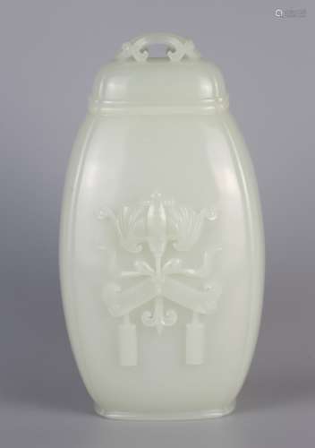 Hetian jade seed material white jade carving Bo Gu pattern square bottle