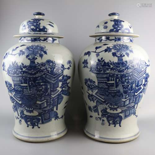 A pair of blue and white pots