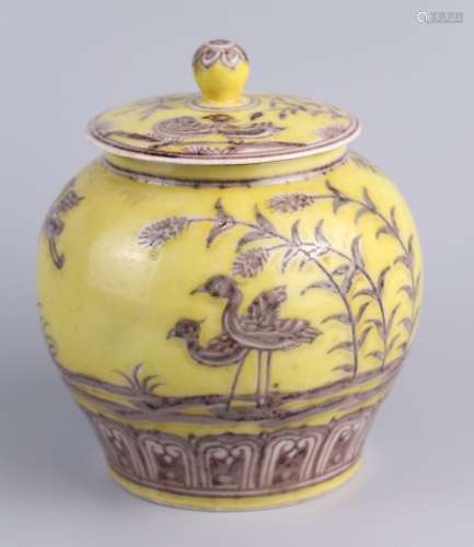 Red flower and bird decorative jar with yellow ground glaze