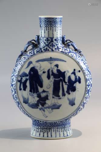 Blue and white figure moon holding bottle