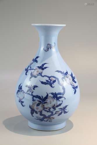 Jade pot spring vase decorated with sky blue glaze, blue and white glaze, red birthday peach pattern