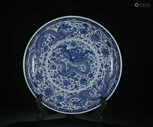 A BLUE AND WHITE PLATE WITH DRAGON PATTERNS