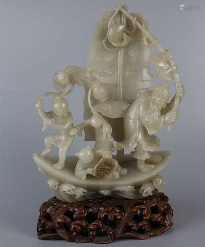 Hetian jade seed material white jade carving figure boat ornaments