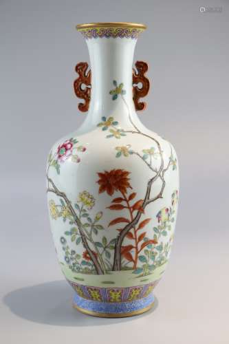 Double ear bottle with famille rose flower pattern