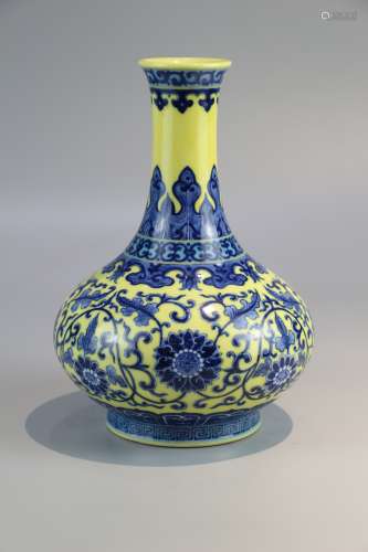 Yellow glaze blue and white flower vase