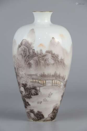 Plum vase decorated with ink colored landscape