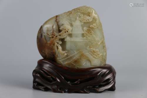 Hetian jade seed carving mountain ornaments with landscape patterns