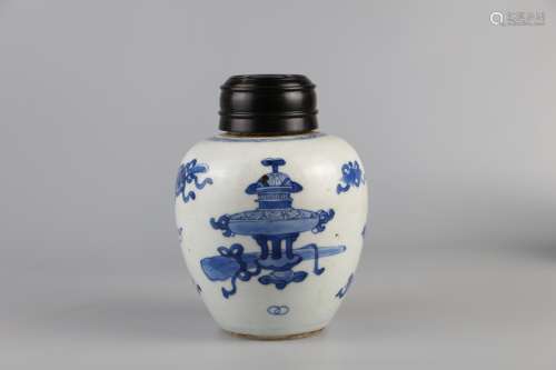 Blue and white tea pot with Bo Gu pattern