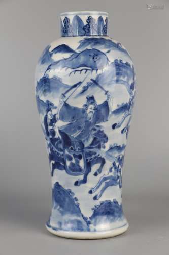 Plum vase with blue and white swords and horses