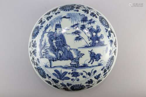 Blue and white figure holding box