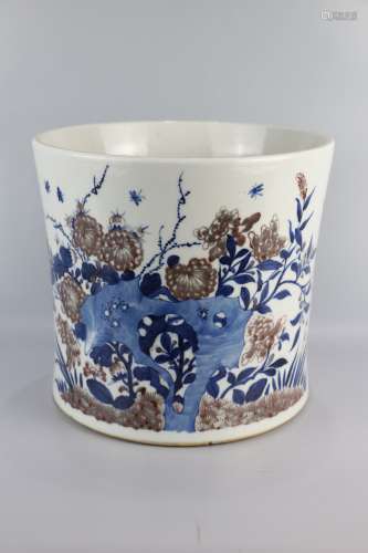 Blue and white underglaze red cave stone flower pen sea