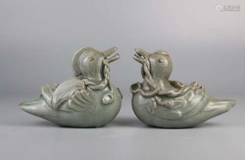 A pair of Koryo celadon mandarin duck ornaments