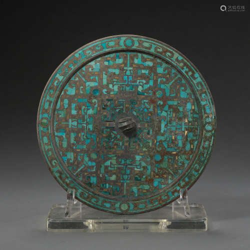 ANCIENT CHINESE BRONZE MIRROR INLAID GOLD AND TURQUOISE