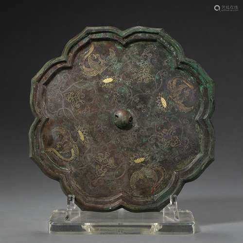 ANCIENT CHINESE BRONZE MIRROR INLAID GOLD