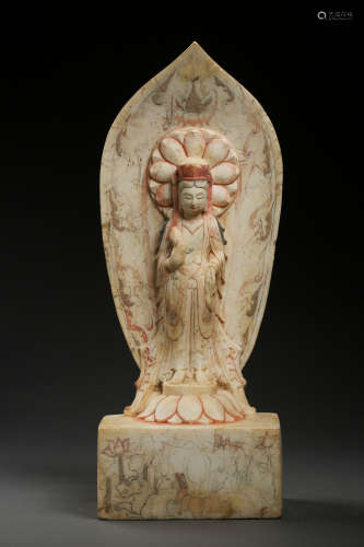 ANCIENT CHINESE WHITE MARBLE CARVED BODHISATTVA