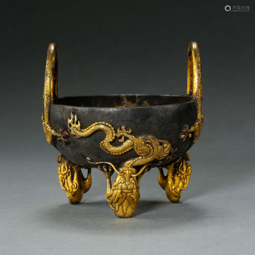 ANCIENT CHINESE COPPER CENSER PARTIAL GILT