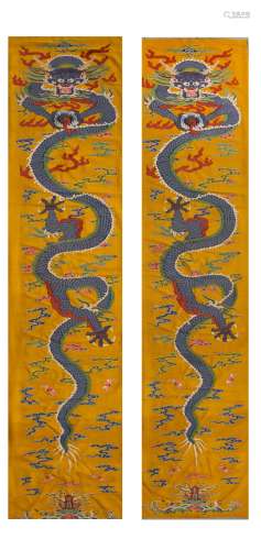 QING DYNASTY, A PAIR OF PILLAR CHAIR COVERINGS WITH A TAPESTRY DRAGON PATTERN