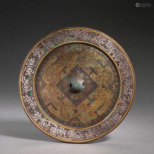 ANCIENT CHINESE BRONZE MIRROR INLAID GOLD AND  SILVER