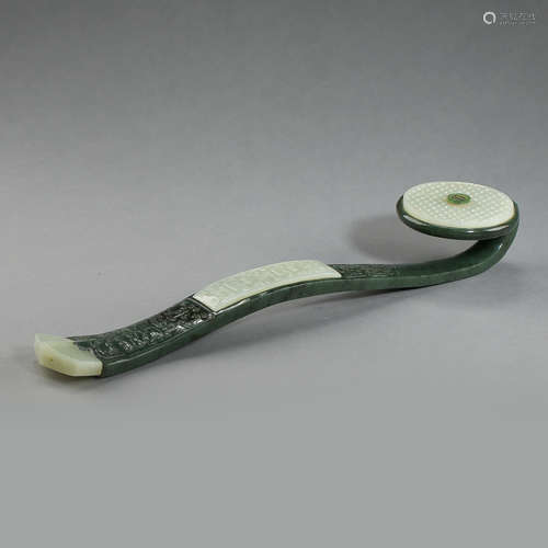 ANCIENT CHINESE HETIAN GREEN AND WHITE JADE RUYI