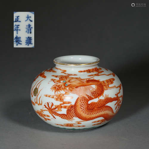 ANCIENT CHINESE WHITE GLAZED POT WITH RED DRAGON PATTERN