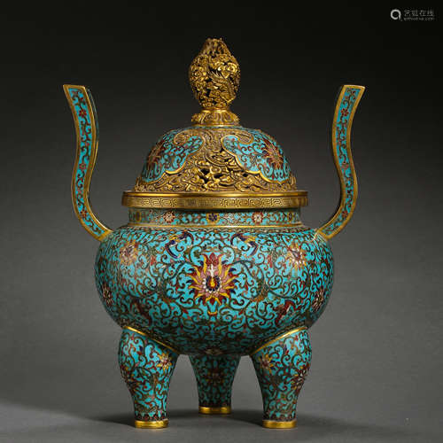 ANCIENT CHINESE CLOISONNE TRIPOD INCENSE BURNER