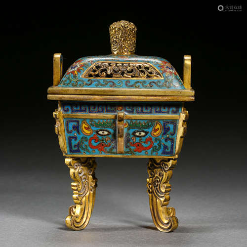 ANCIENT CHINESE CLOISONNE SQUARE INCENSE BURNER