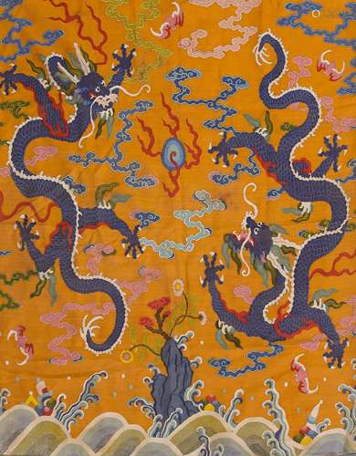 QING DYNASTY, CHINESE KESI TWO DRAGONS PLAYING A BALL