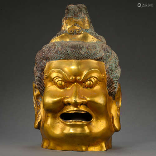 ANCIENT CHINESE GILT BRONZE WARRIOR HEAD