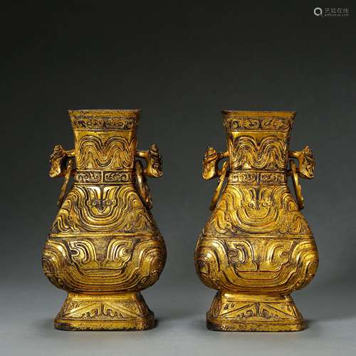 QING DYNASTY, A PAIR OF GILT BRONZE TYPE VASES