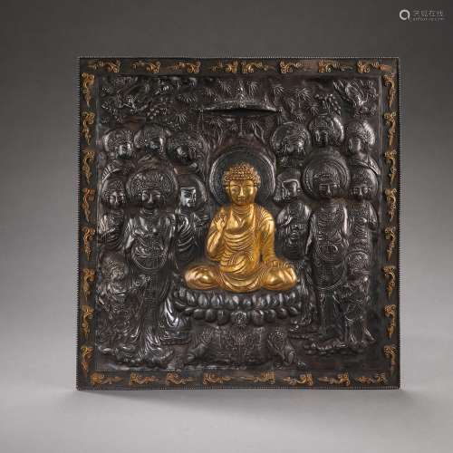 ANCIENT CHINESE COPPER PARTIAL GILT BUDDHA PLAQUE