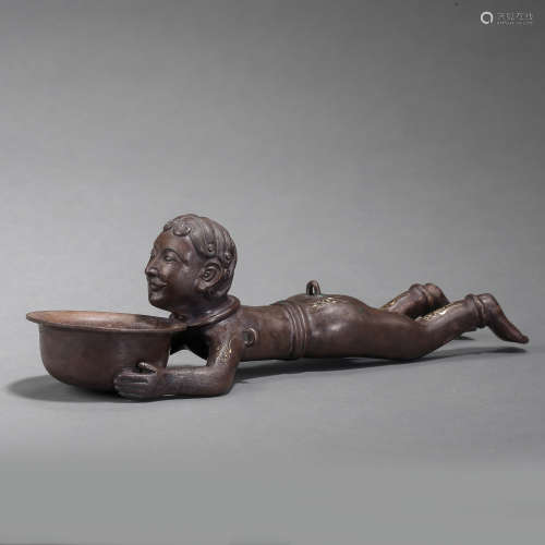 ANCIENT CHINESE BRONZE MAN HOLDING A BASIN, INLAID GOLD INSCRIPTION