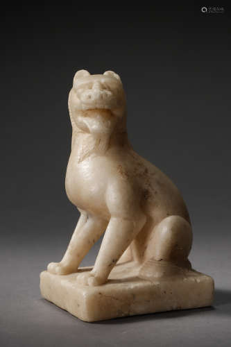 ANCIENT CHINESE WHITE STONE CARVED GUARDIAN LION
