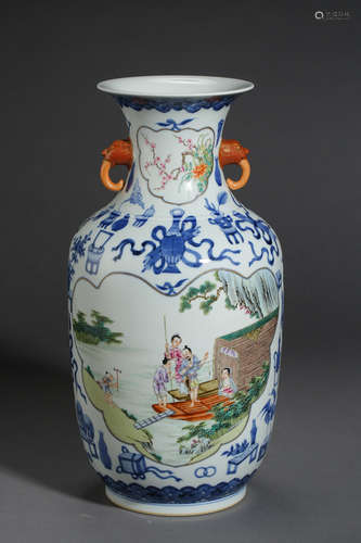 QING DYNASTY, QIANLONG MARK, BLUE AND WHITE PORCELAIN VASE DECIPTS PEOPLE PLAYING IN A LAKE