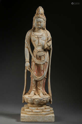 NORTHERN QI, BLUESTONE CARVED STANDING BODHISATTVA STATUE