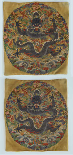 A PAIR OF QING DYNASTY EMBROIDERY DRAGON RANK BADGE