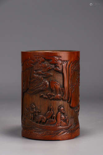 Chinese Bamboo Carved Landscape Brush Pot