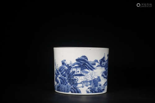 Chinese Blue White Landscape Porcelain Brush Pot