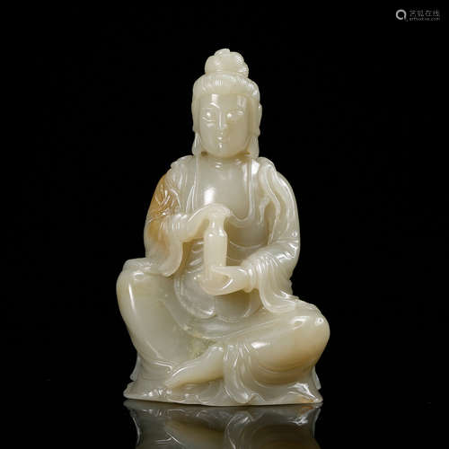 Chinese Celadon Jade Carved Seated Guanyin