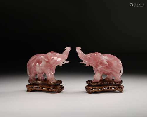 Chinese Quartz Carved Elephants, Pair