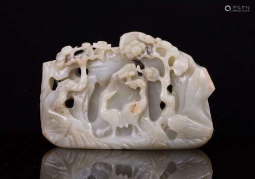 CHINESE JADE BOULDER CARVED CRANE AND PINE TREES
