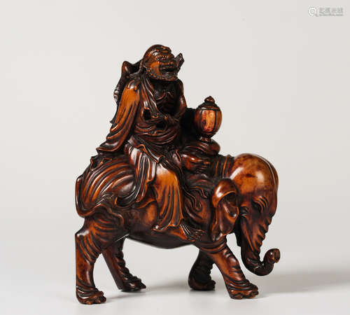 CHINESE BOXWOOD CARVED DAMO AND ELEPHANT